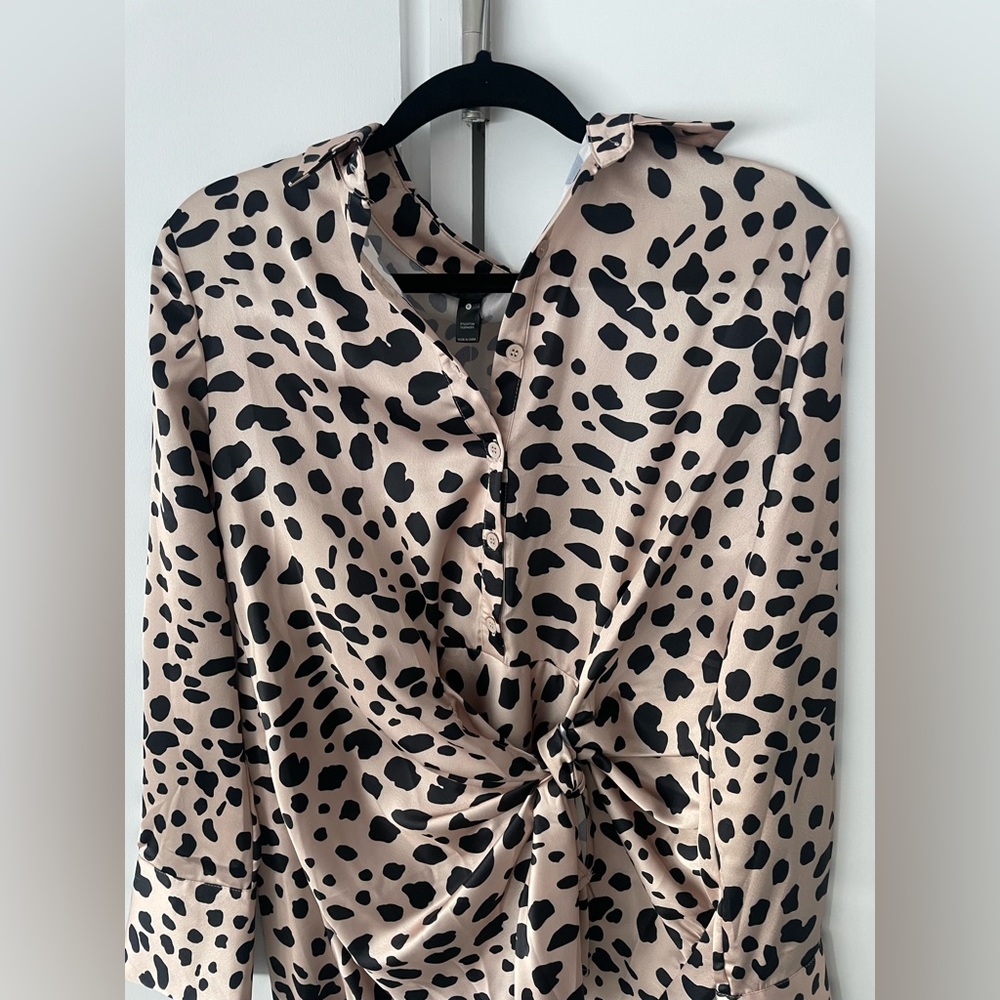 AQUA Tie Front Shirt Dress - Leopard print